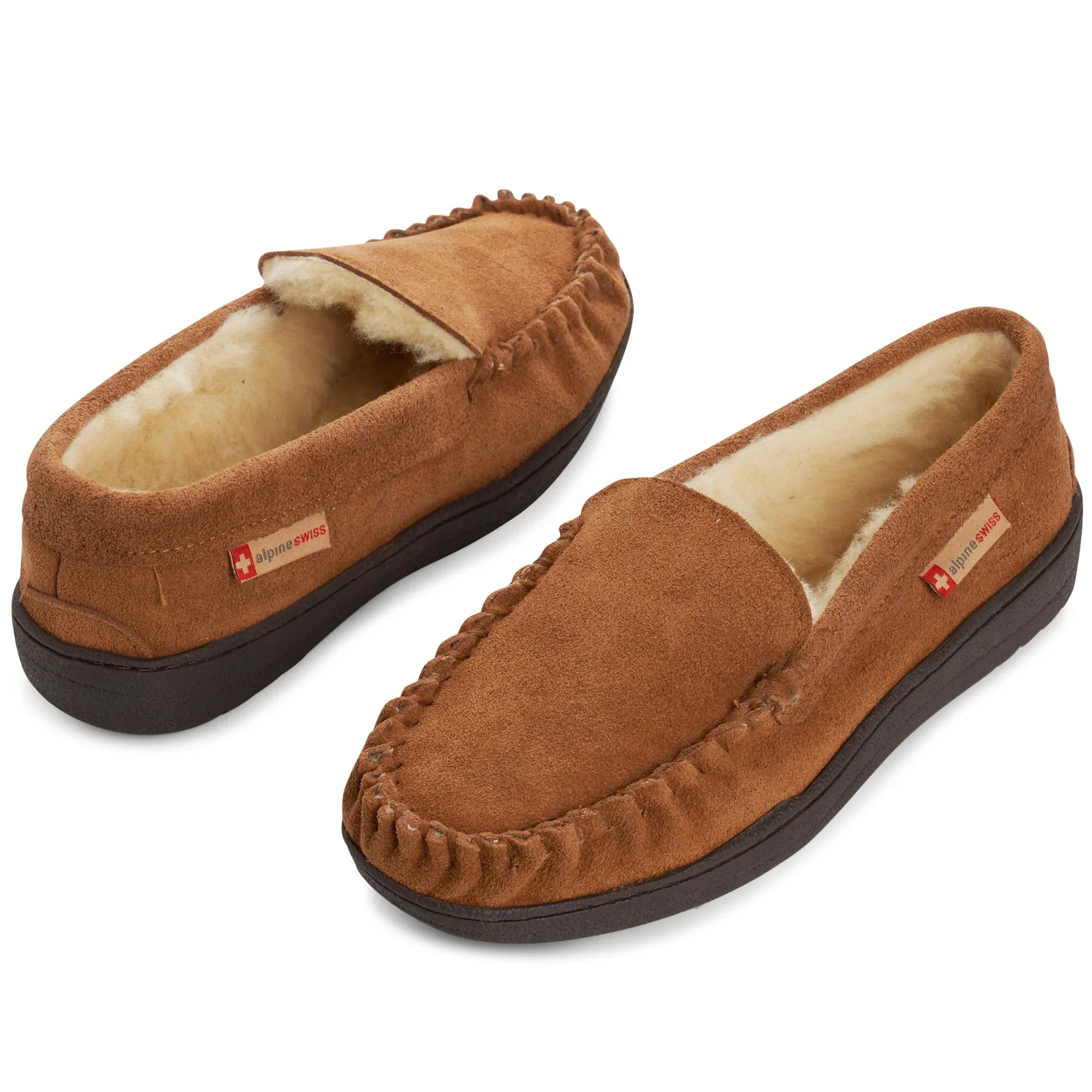 Alpine Swiss Yukon Mens Suede Shearling Moccasin Slippers Moc Toe Slip On Shoes