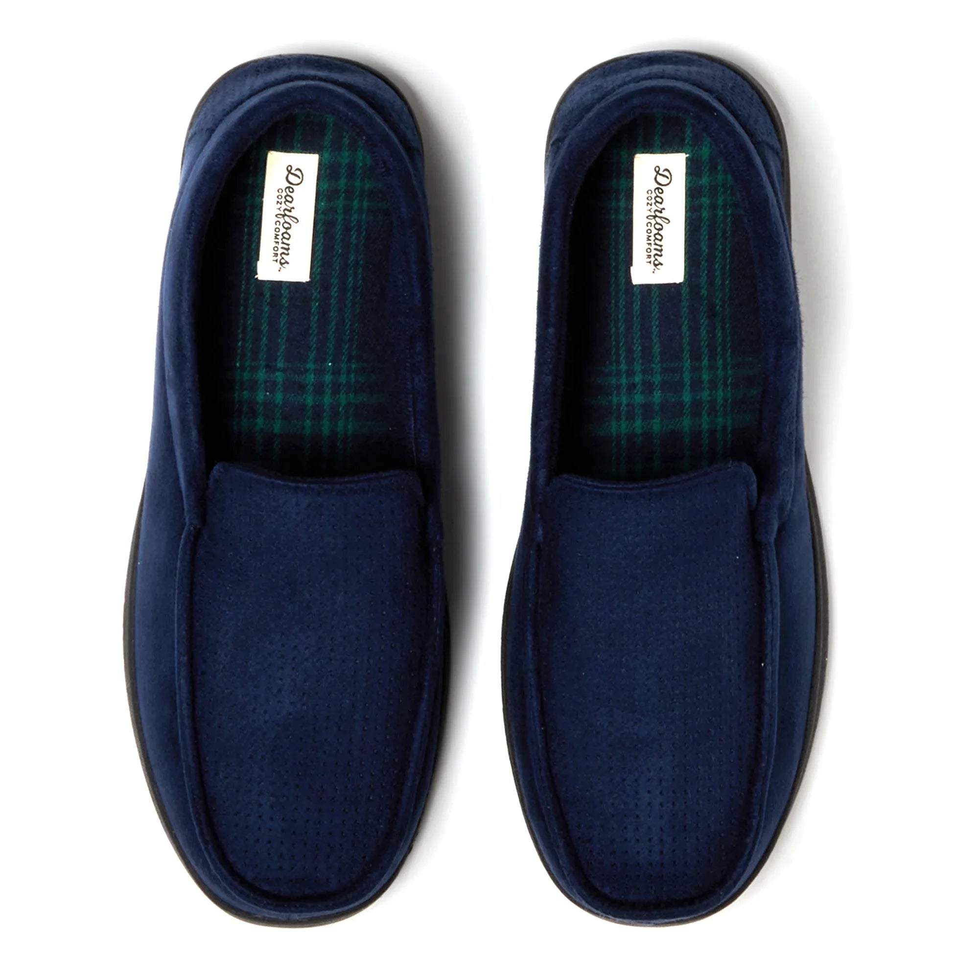 Dearfoams Cozy Comfort Men's Jason Perf Microsuede Moc With Plaid Sock Slippers